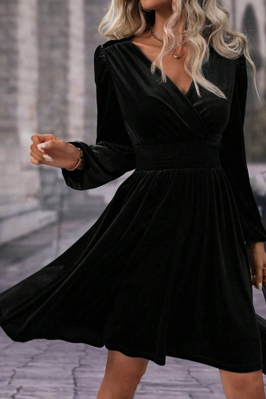 Surplice Long Sleeve Velvet Dress