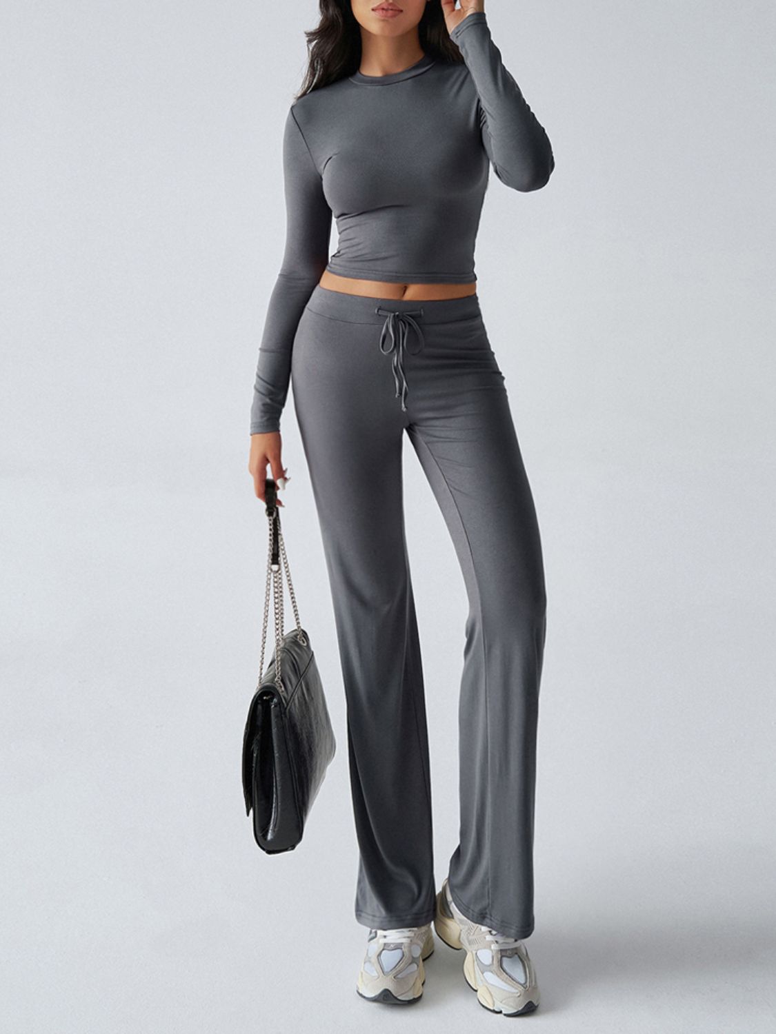 Devine Round Neck Long Sleeve Top and Drawstring Pants Set