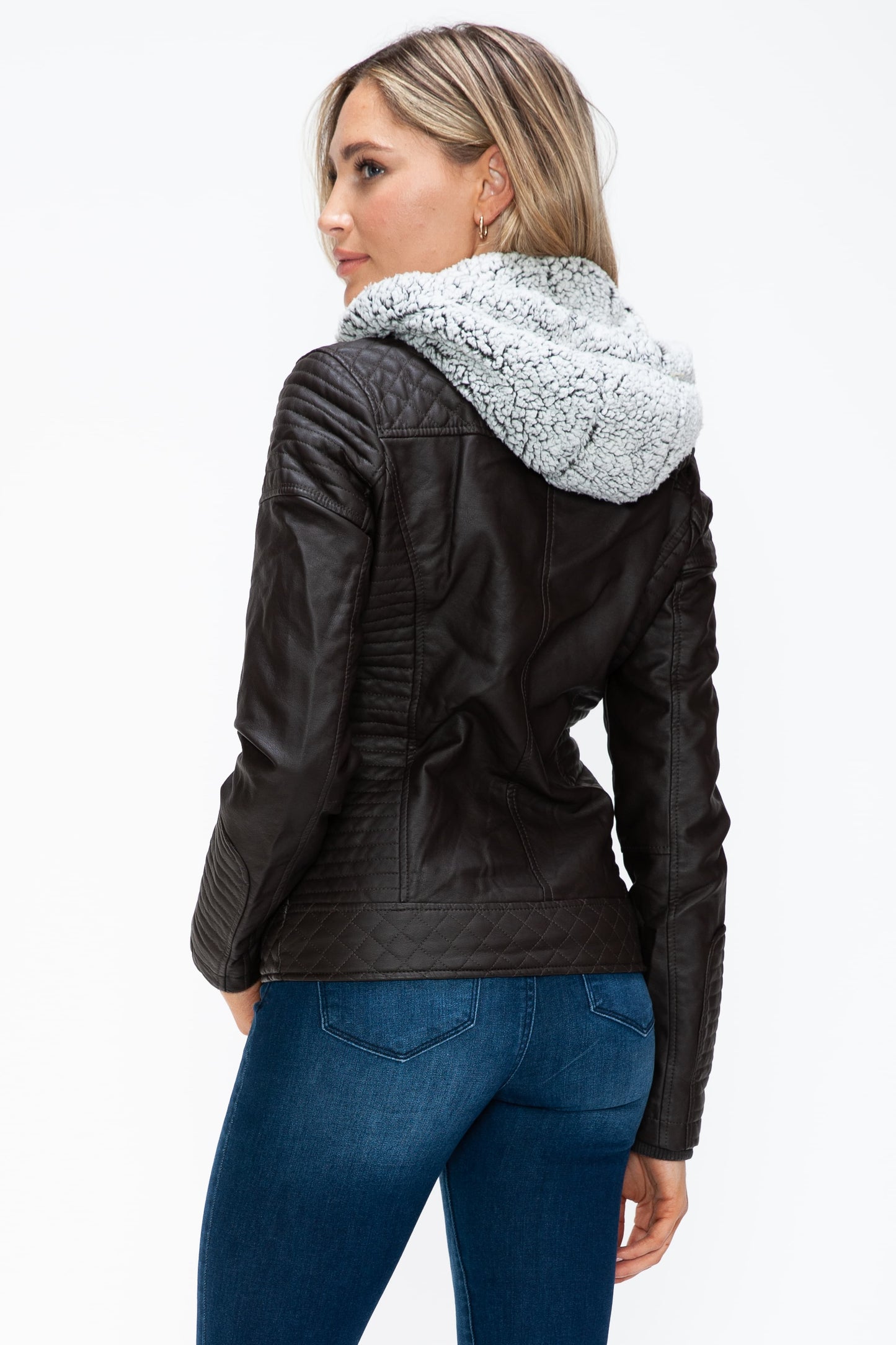 YMI Faux Layered Double-Zipper Jacket with Fuzzy Hood