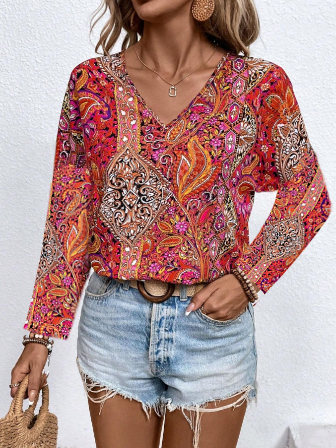 Printed V-Neck Long Sleeve Blouse