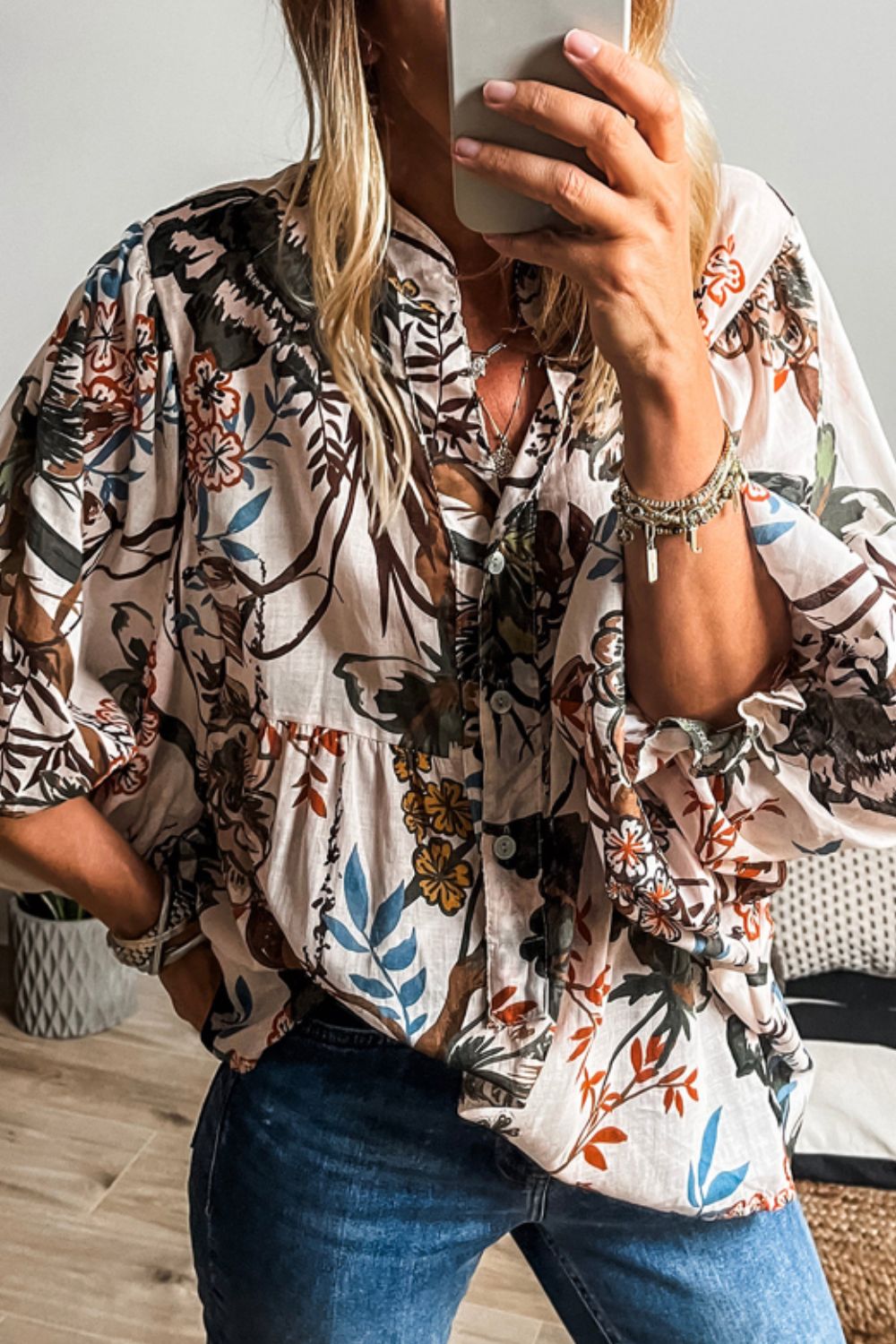 Printed Notched Flounce Sleeve Blouse