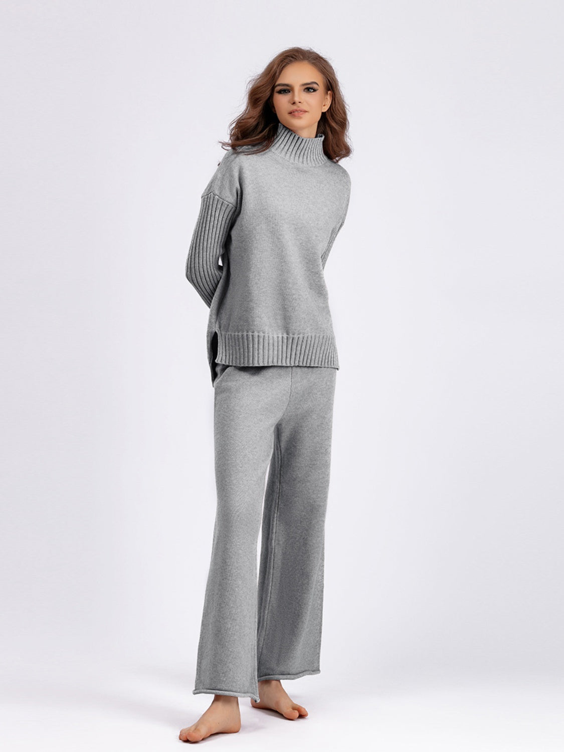 Basic Bae High- Low Turtleneck Long Sleeve Top and Pants Sweater Set