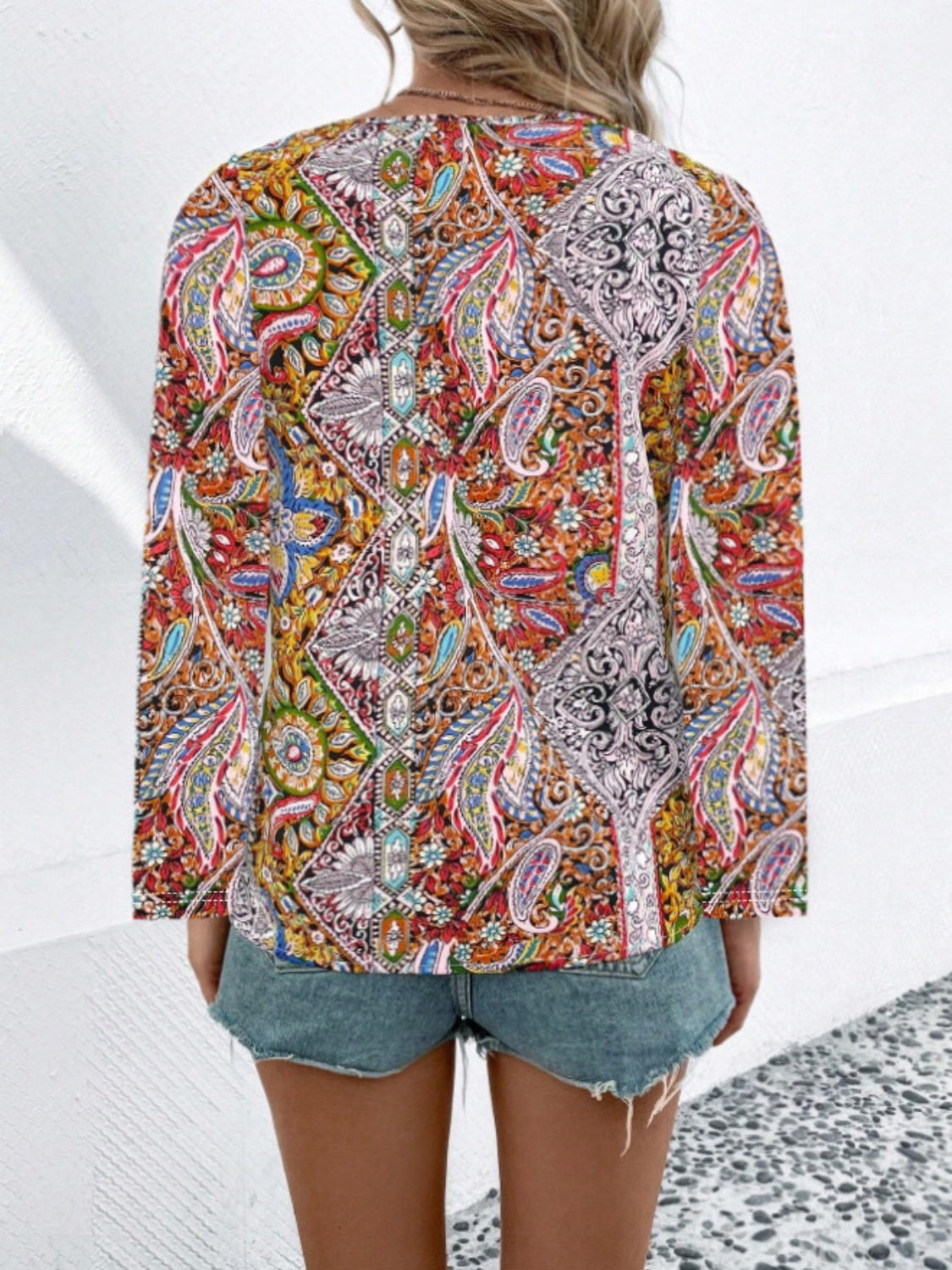 Printed V-Neck Long Sleeve Blouse