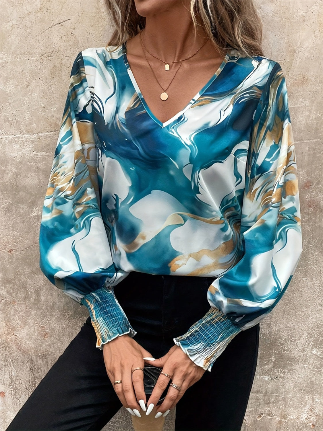 Tie-Dye V-Neck Long Sleeve Blouse