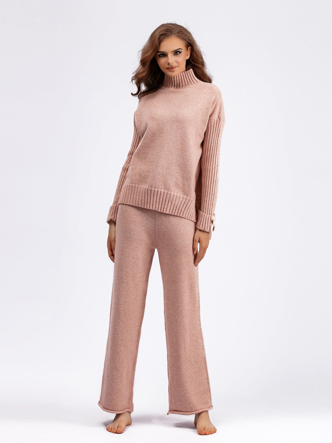 Basic Bae High- Low Turtleneck Long Sleeve Top and Pants Sweater Set