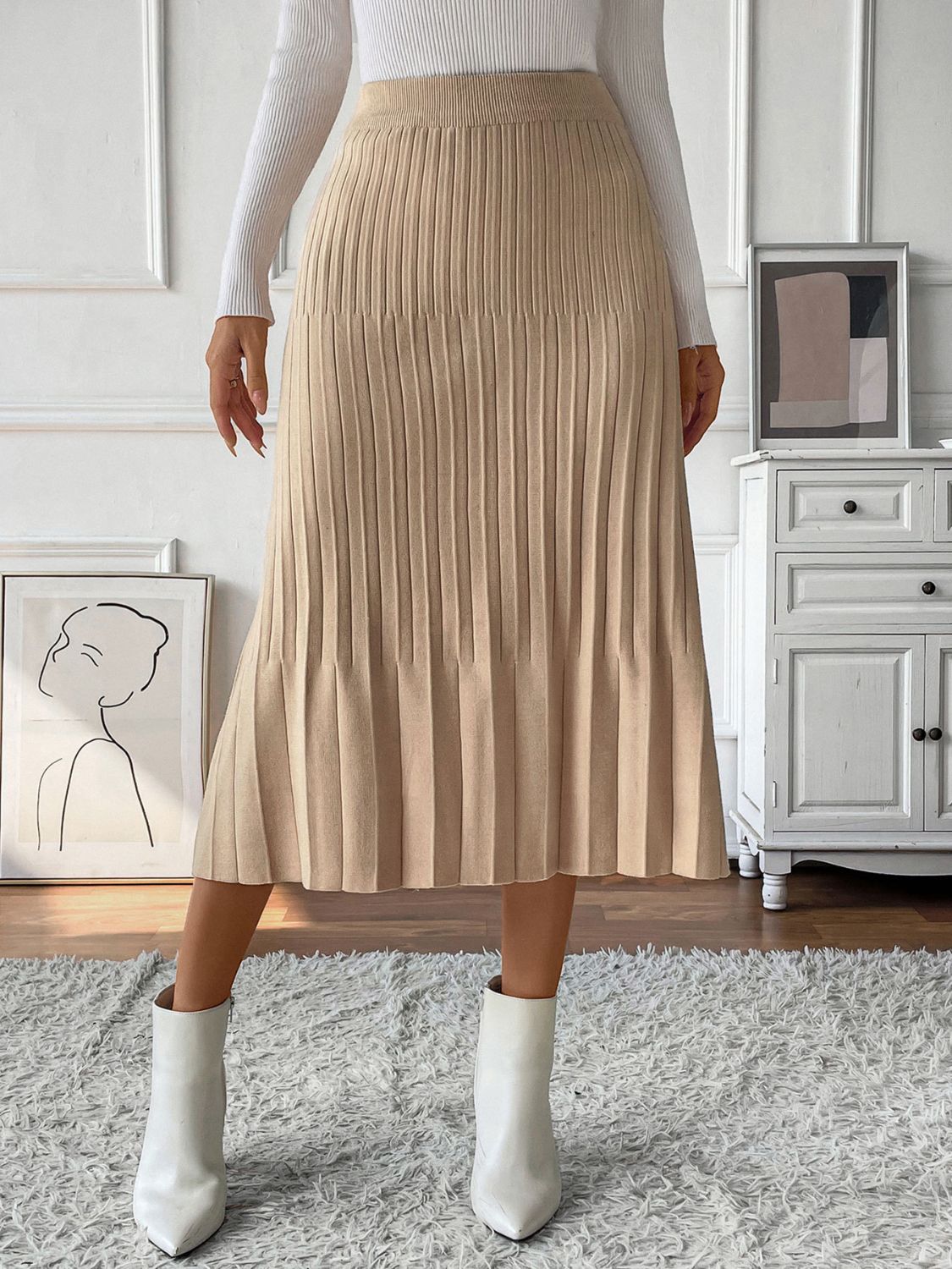 Perfee Pleated Midi Sweater Skirt