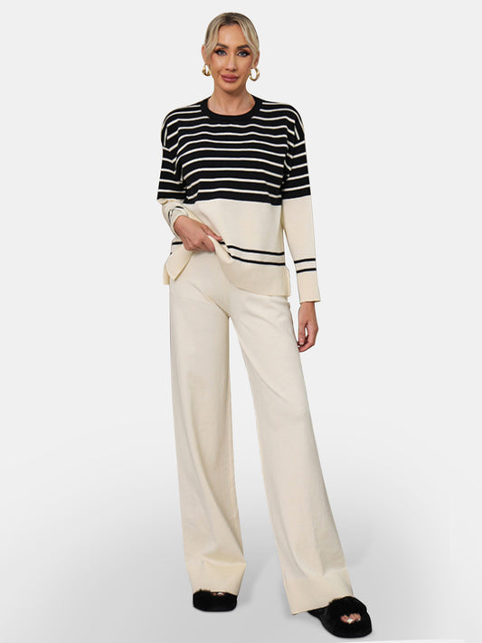 Basic Bae Striped Round Neck Long Sleeve Top and Pants Sweater Set