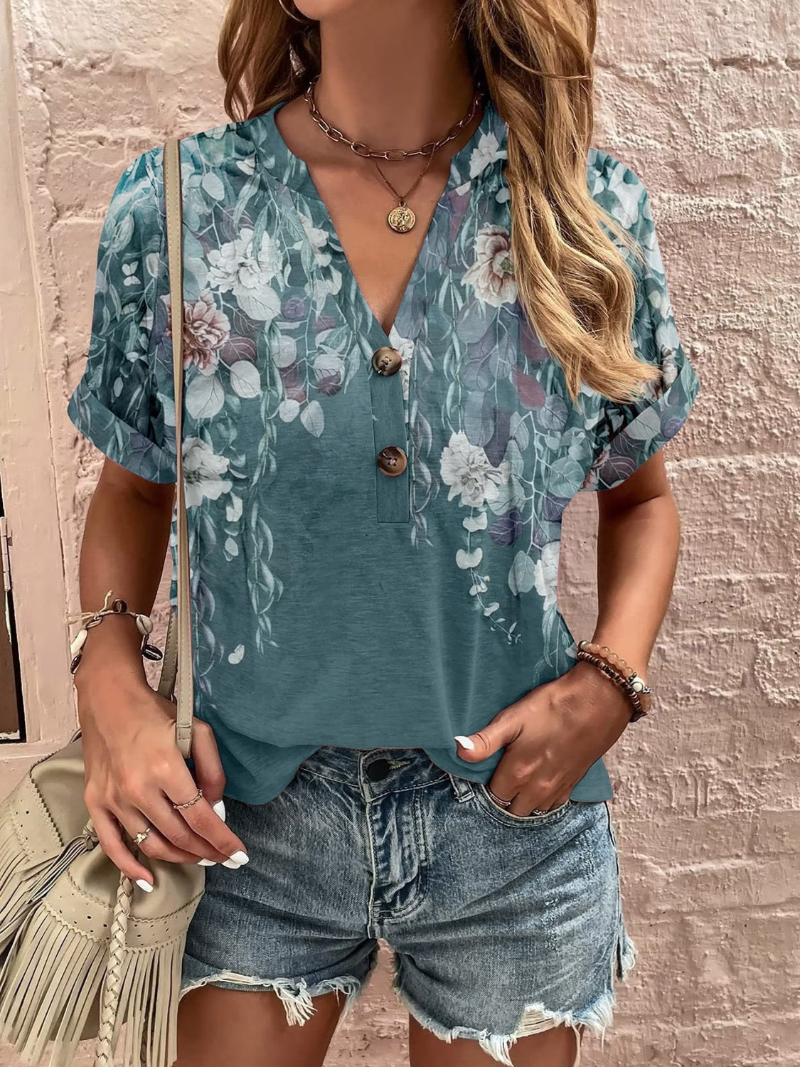 Full Size Printed Notched Short Sleeve Blouse