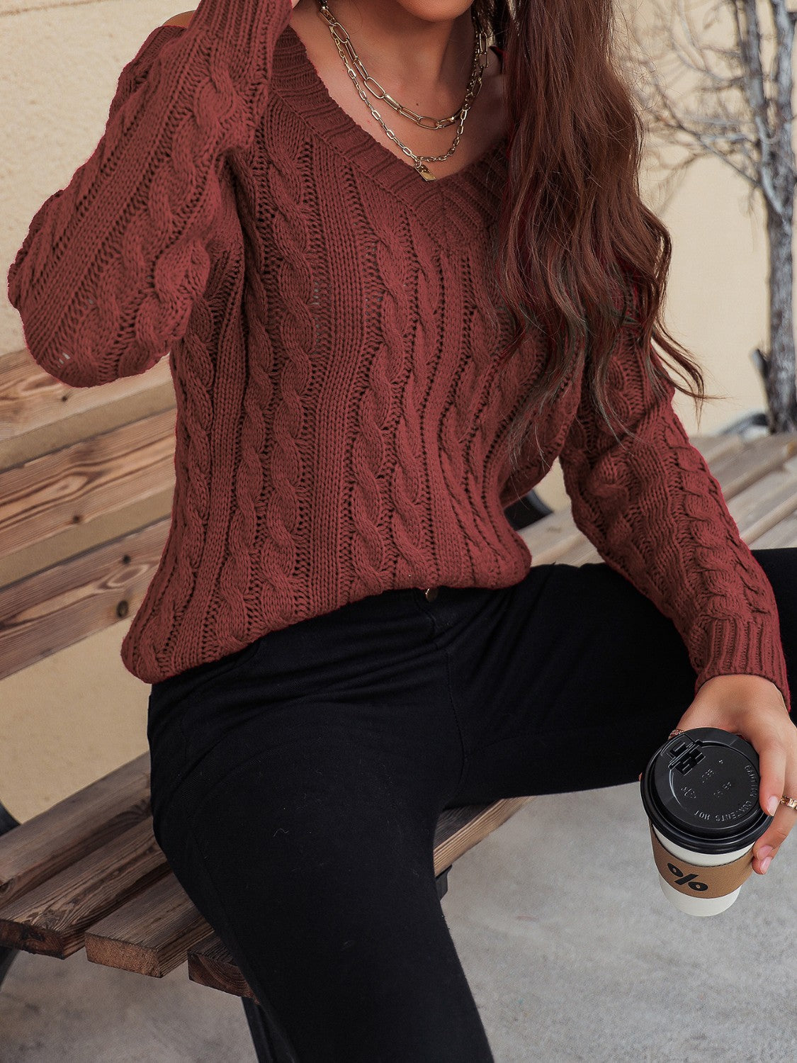 Honey Cable-Knit V-Neck Cold Shoulder Sweater