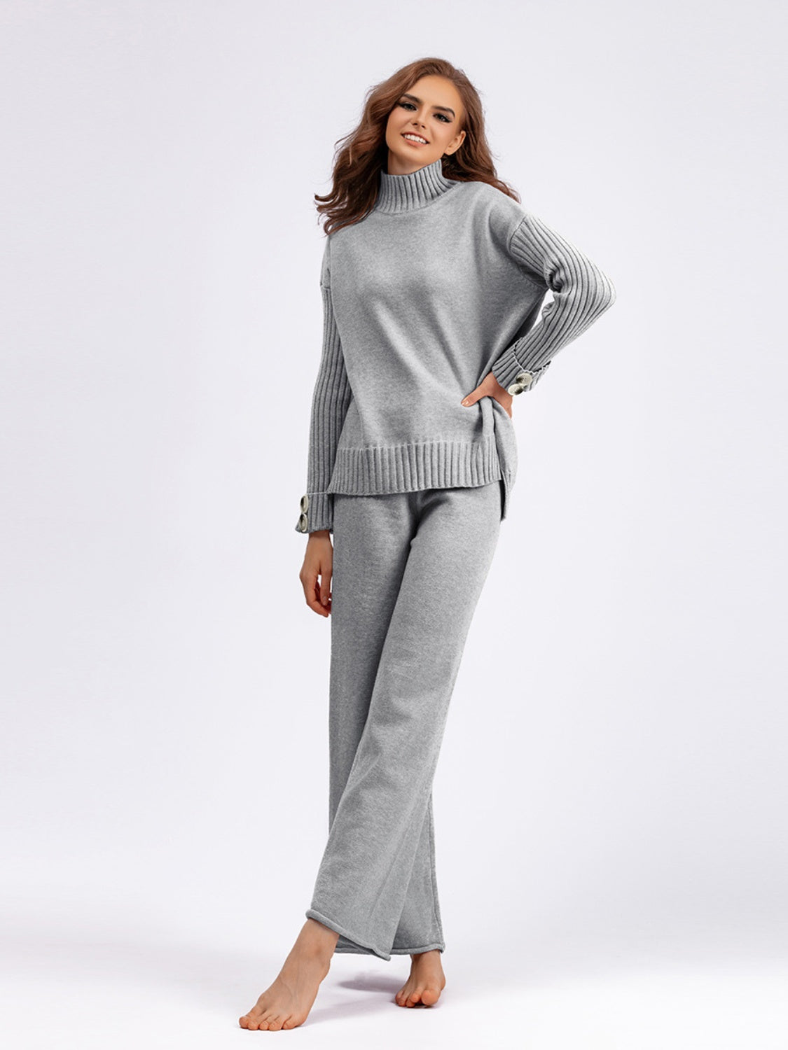 Basic Bae High- Low Turtleneck Long Sleeve Top and Pants Sweater Set