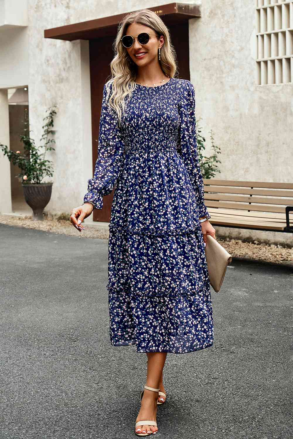 Smocked Flounce Sleeve Midi Dress