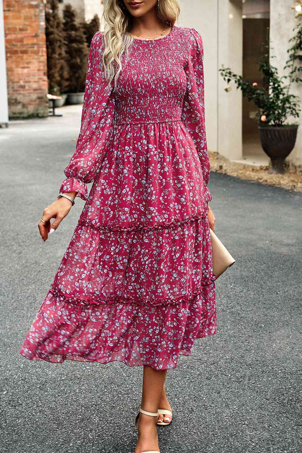 Smocked Flounce Sleeve Midi Dress