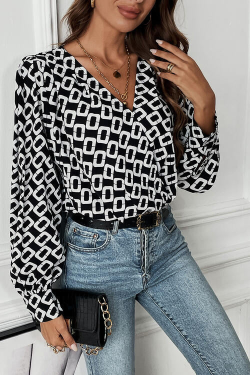 Geometric V-Neck Long Sleeve Blouse