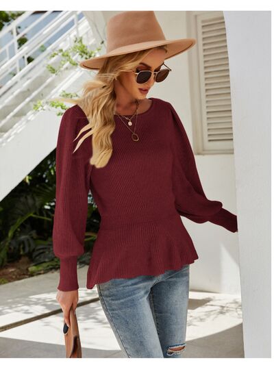 （No）Ribbed Round Neck Lantern Sleeve Sweater